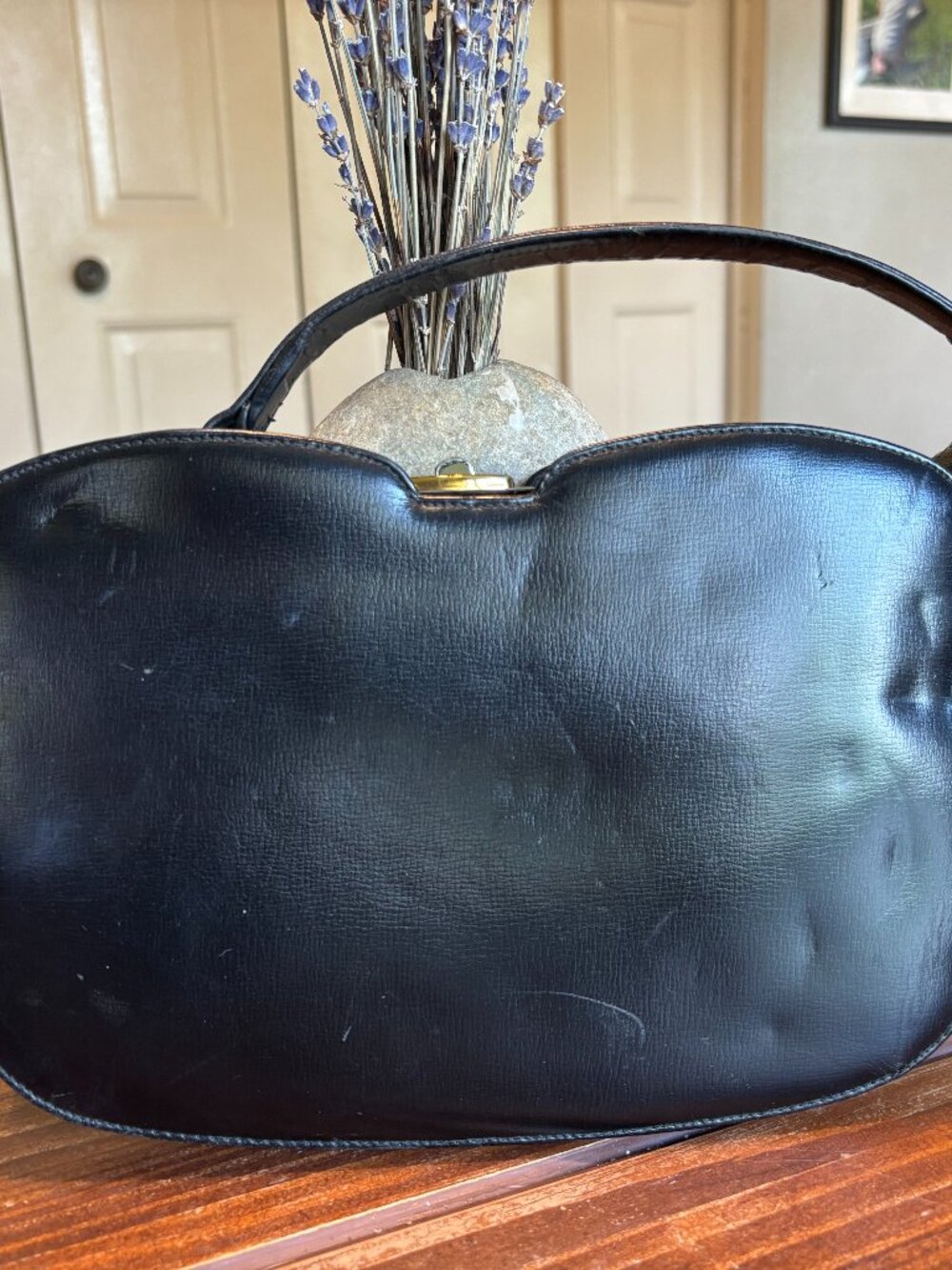 Vintage 1950s Block Black Leather Handbag- Mid Century Kelly Bag Purse